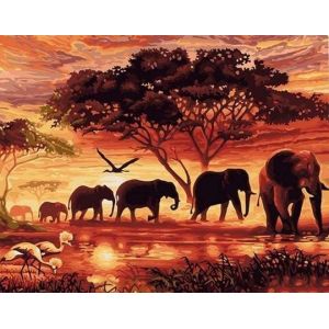 Peinture par numéros - Eléphants au Coucher du soleil - Figured'Art 