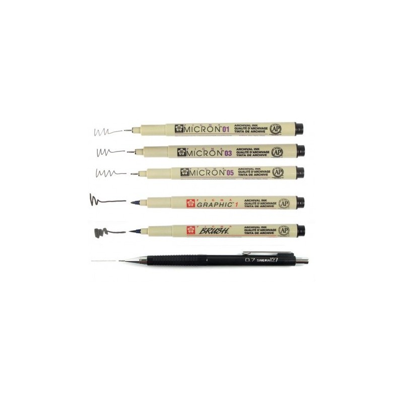 Set de 4 feutres Pigma Micron, 1 pigma brush + porte-mine