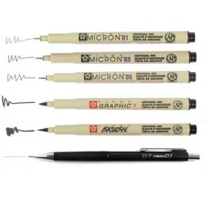 Set de 4 feutres Pigma Micron, 1 pigma brush + porte-mine