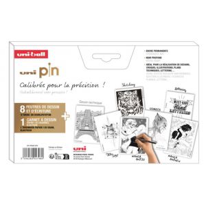 Coffret 8 feutres calibrés Uni Pin + carnet de dessin
