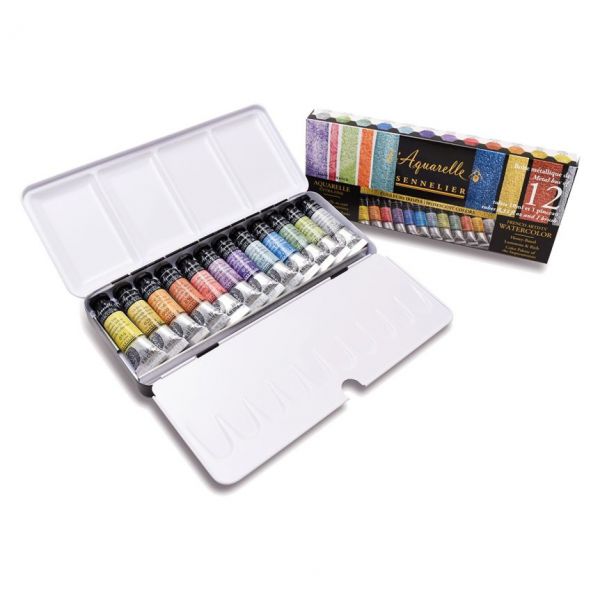 Boite métal aquarelle extra-fine - Couleurs irisées - 12 tubes - Sennelier