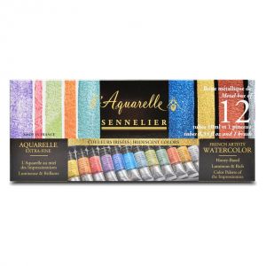 Boite métal aquarelle extra-fine - Couleurs irisées - 12 tubes - Sennelier