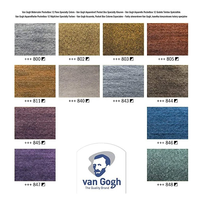 Couleurs nuancier du set 12 demi-godets d'aquarelle - Métallisés/irisés - Van Gogh