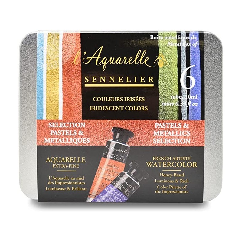 Boite métal aquarelle extra-fine - Pastel + métallique- 6 tubes 10ml - Sennelier