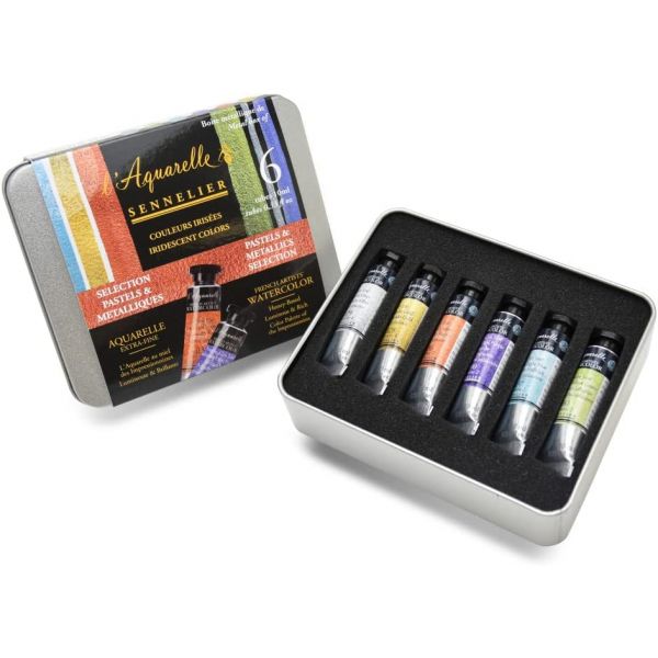 Boite métal aquarelle extra-fine - Pastel + métallique- 6 tubes 10ml - Sennelier