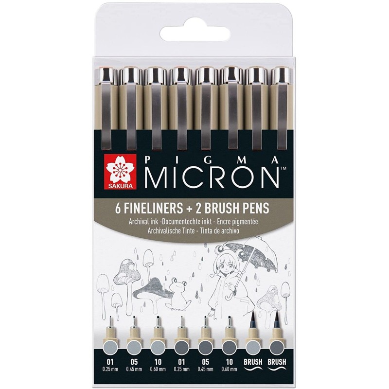 Set de 6 feutres Pigma Micron gris + 2 Pigma brush gris 