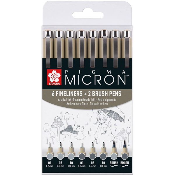 Set de 6 feutres Pigma Micron gris + 2 Pigma brush gris 