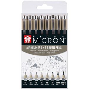 Set de 6 feutres Pigma Micron gris + 2 Pigma brush gris 