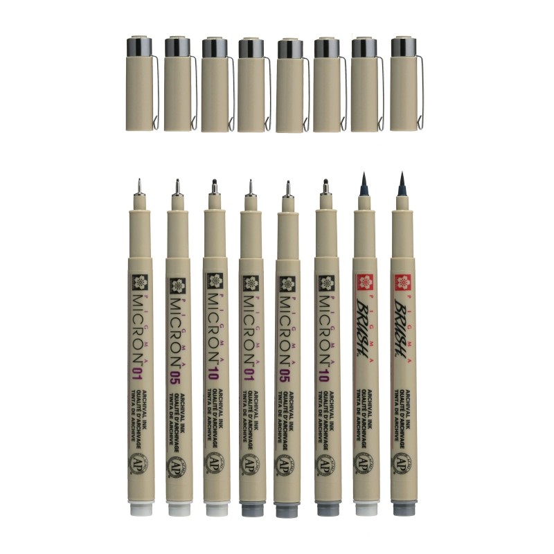 Set de 6 feutres fineliners Pigma Micron gris + 2 Pigma brush gris 
