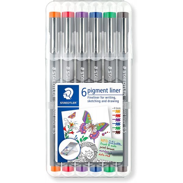 Etui de 6 feutres calibrés assortis de couleurs - Pigment Liner 0,5 mm - Staedtler