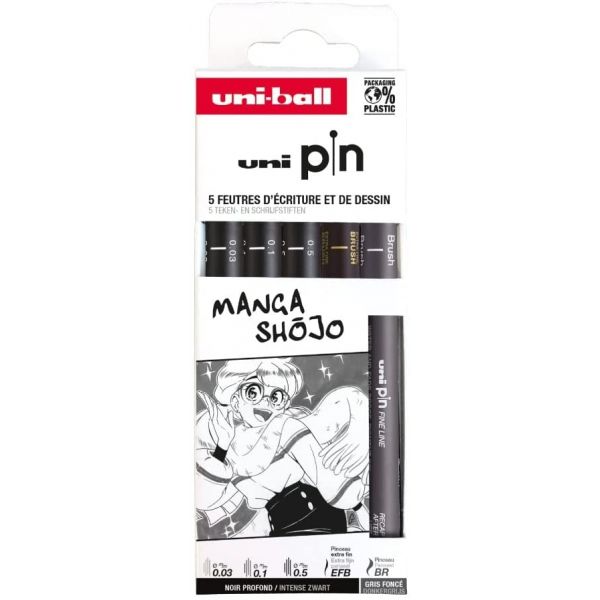 Set de 5 feutres fineliners Uni Pin - couleurs grises et noires - Manga Shôjo