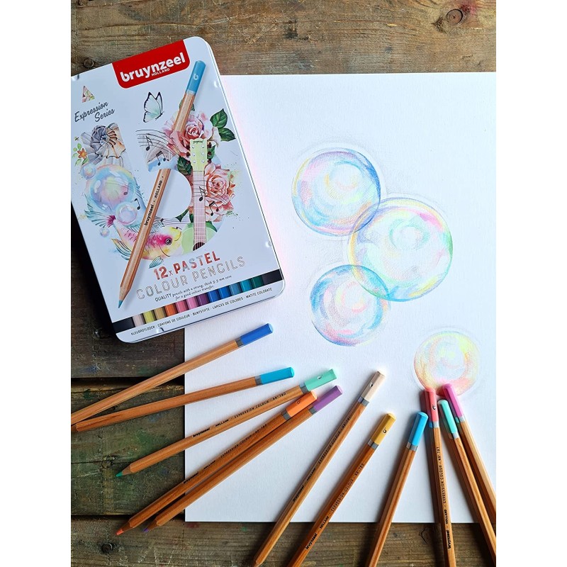 Boîte de 12 crayons de couleur pastels avec des pigments de qualité pour des créations hautes en couleur - Bruynzeel
