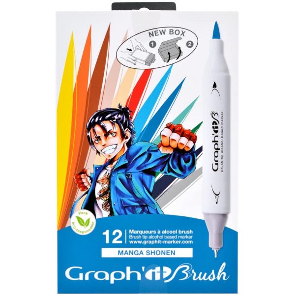 Boite du set de 12 marqueurs à alcool  Graph'it Brush - Manga Shonen