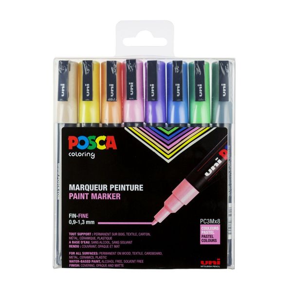 Set de 8 POSCA - pointe calibrée fine PC3M pointe moyenne - Couleurs pastels