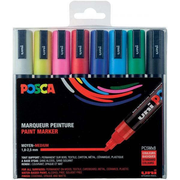 Set de 8 POSCA couleurs basiques  - pointe calibrée moyenne - PC5M