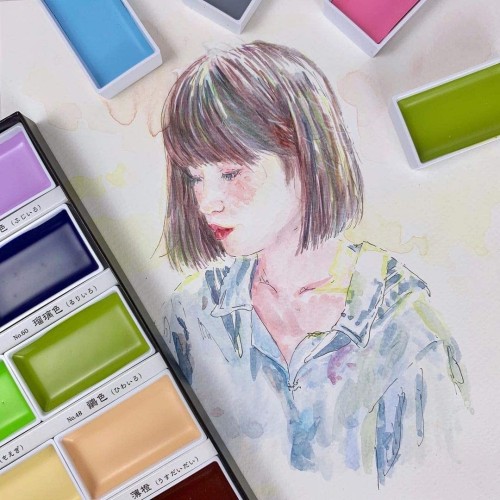 Kuretake Gansai – Peinture Aquarelle Japonaise 48 Couleurs + Lot De 3 Stylos – Neuf