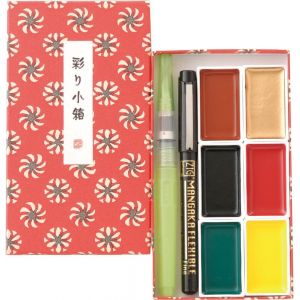 Set aquarelle Gansai - 6 godets aquarelle, 1 feutres noir mangaka et 1 pinceau fin 