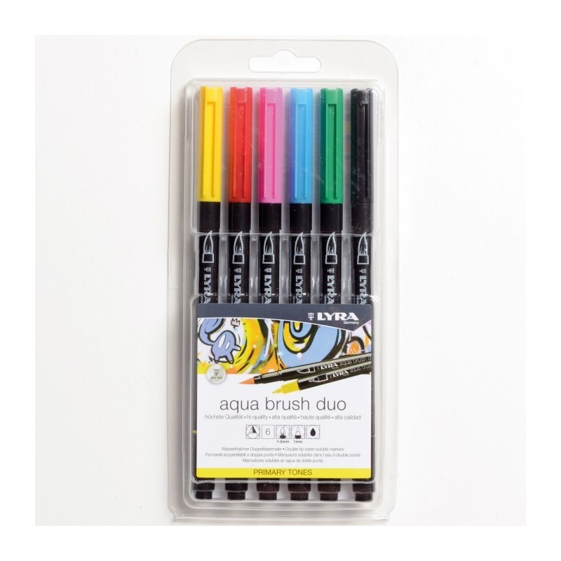 Set Aqua Brush Duo - 6 couleurs primaires - feutres aquarellables idéals pour graphistes, designers, caricaturistes -  Lyra