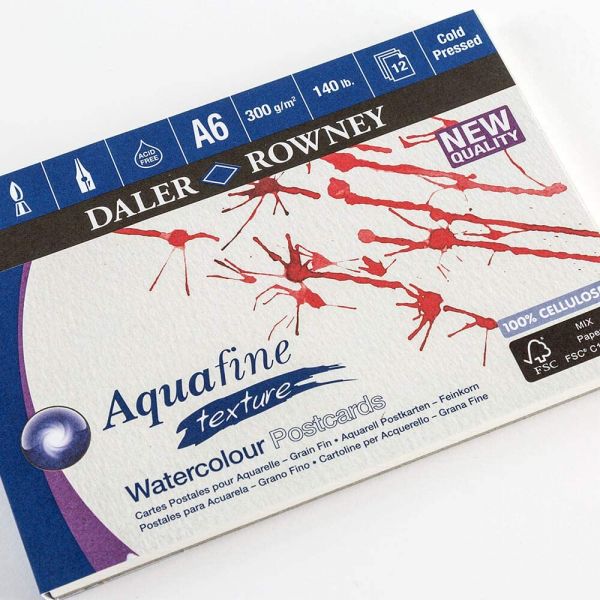 Cartes Postales Aquarelle Aquafine - 12 Feuilles 300gr - Format A6 - Blanc naturel - Daler Rowney 