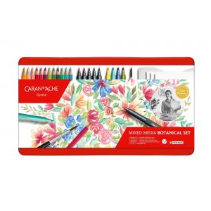 Set multi-technique botanique -  12 crayons de couleurs aquarellables, 9 feutres et des accessoires - Caran d'Ache