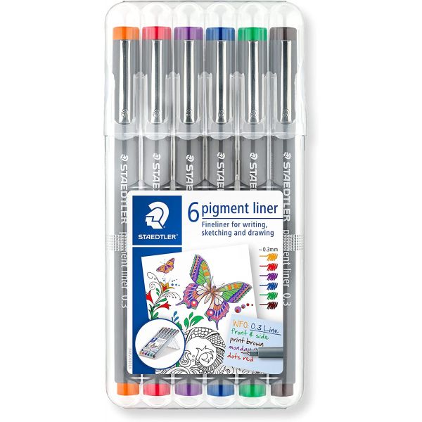 Etui de 6 feutres calibrés de couleurs - Pigment Liner 0,3 mm - tracé à la règle, au gabarit et au trace-lettres - Staedtler