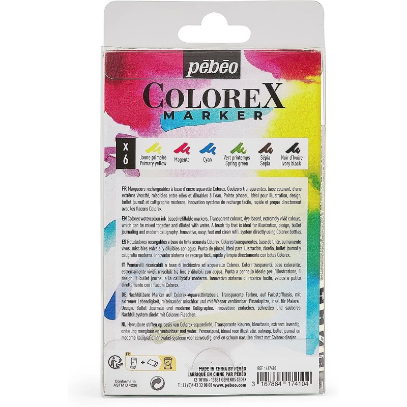 Set 6 marqueurs aquarelle Colorex -  jaune primaire, magenta, cyan, vert printemps, sepia, noir d'ivoire - Pébéo
