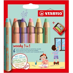 Pochette de 6 crayons Stabilo WooDY - Couleurs pastels - avec taille-crayon - mutli-usages : crayon de couleur, craie grasse, cr