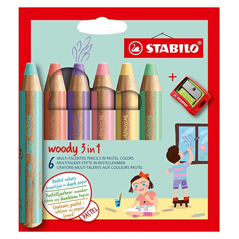 Pochette de 6 crayons Stabilo WooDY - Couleurs pastels - avec taille-crayon - mutli-usages : crayon de couleur, craie grasse, cr