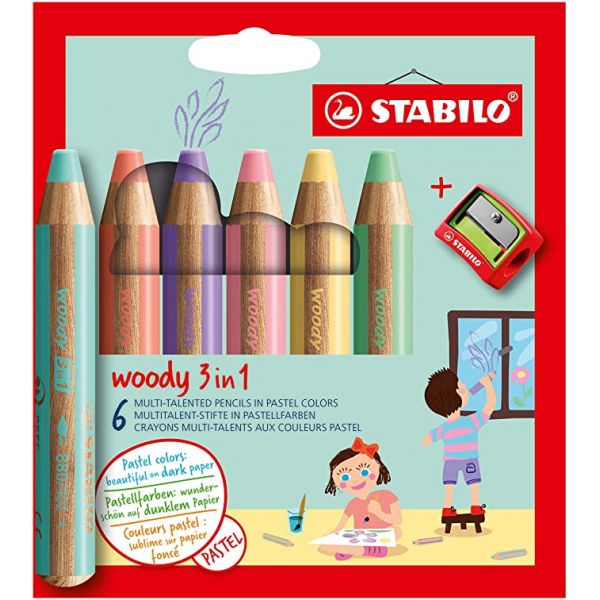 Pochette de 6 crayons Stabilo WooDY - Couleurs pastels - avec taille-crayon - mutli-usages : crayon de couleur, craie grasse, cr