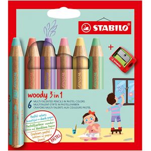 Pochette de 6 crayons Stabilo WooDY - Couleurs pastels - avec taille-crayon 