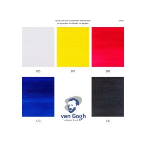 Set de 5 tubes 40ml d'acrylique Van Gogh - couleurs primaires ; 105 Blanc de Titane – 267 Jaune Azo Citron (Primaire) – 366 Rose