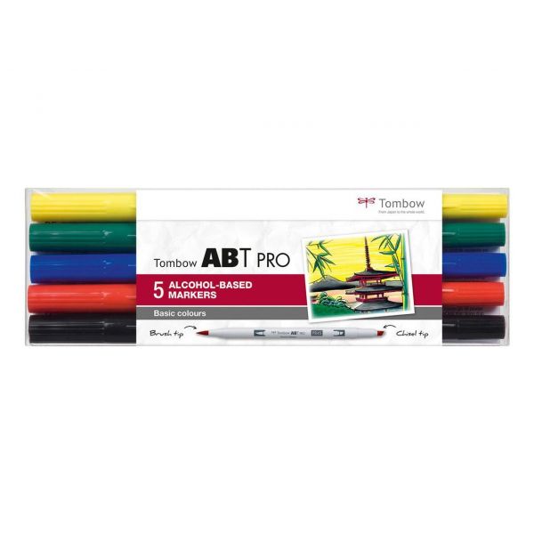 Set 5 feutres à alcool ABT PRO - Couleurs basics - pointe brush et biseautée Tombow