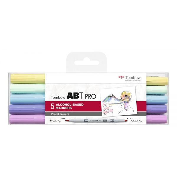 Set 5 feutres à alcool ABT PRO - Couleurs pastels -  pointe brush et pointe biseautée - Tombow