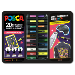 Mallette métal de 20 marqueurs POSCA - couleurs pailletées, brillantes et fluos - Groovy colours