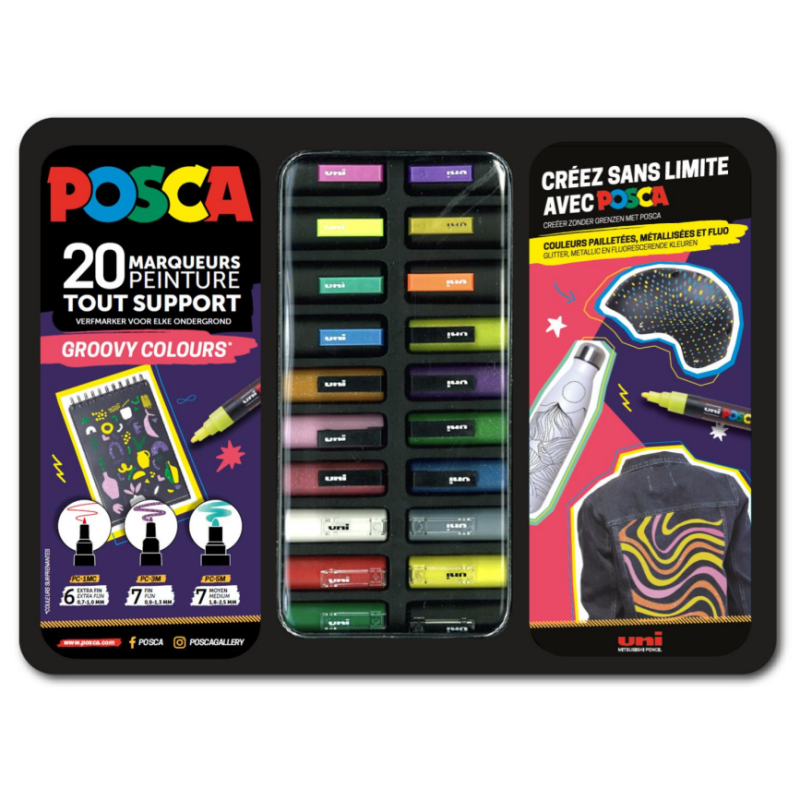 Mallette métal de 20 marqueurs POSCA - couleurs pailletées, brillantes et fluos - Groovy colours