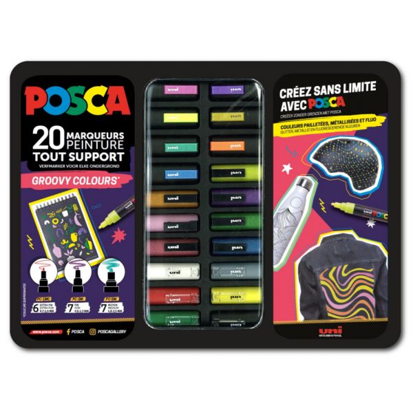 Mallette métal de 20 marqueurs POSCA - couleurs pailletées, brillantes et fluos - Groovy colours