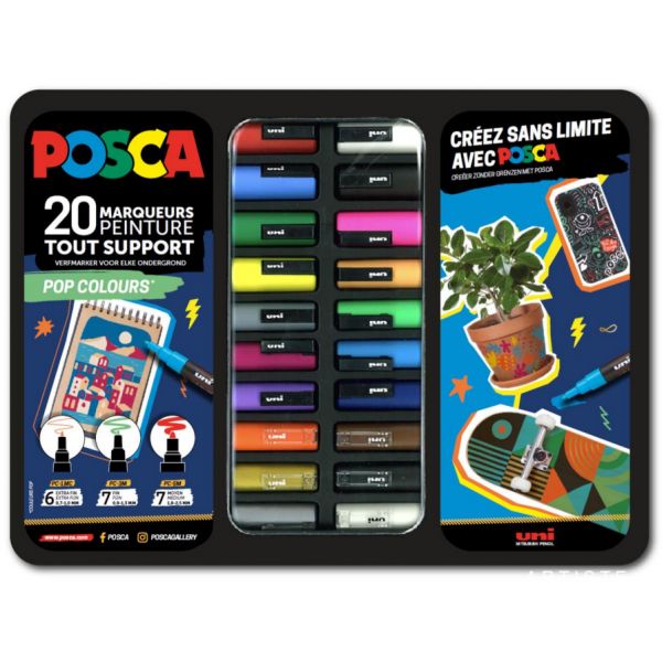 Mallette métal de 20 marqueurs POSCA - coulerus vives et intenses - Pop colours