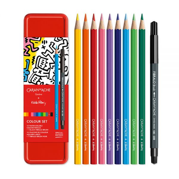 Set Keith Haring - Caran d'ache - 10 crayons aquarellables + 1 feutre feutre Fibralo brush noir 