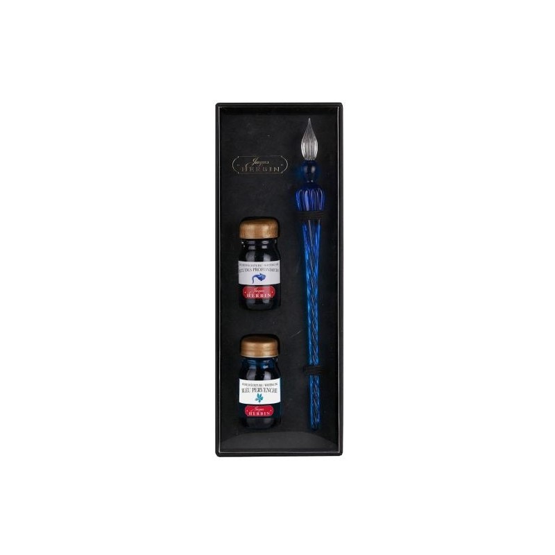 Coffret encres + plume de verre Outremer - écriture traditionnelle - Jacques Herbin