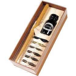 Coffret de calligraphie Herbin - 6 plumes métalliques Brause, 1 porte plume en bois et 1 flacon d'encre calligraphie Jacques Her