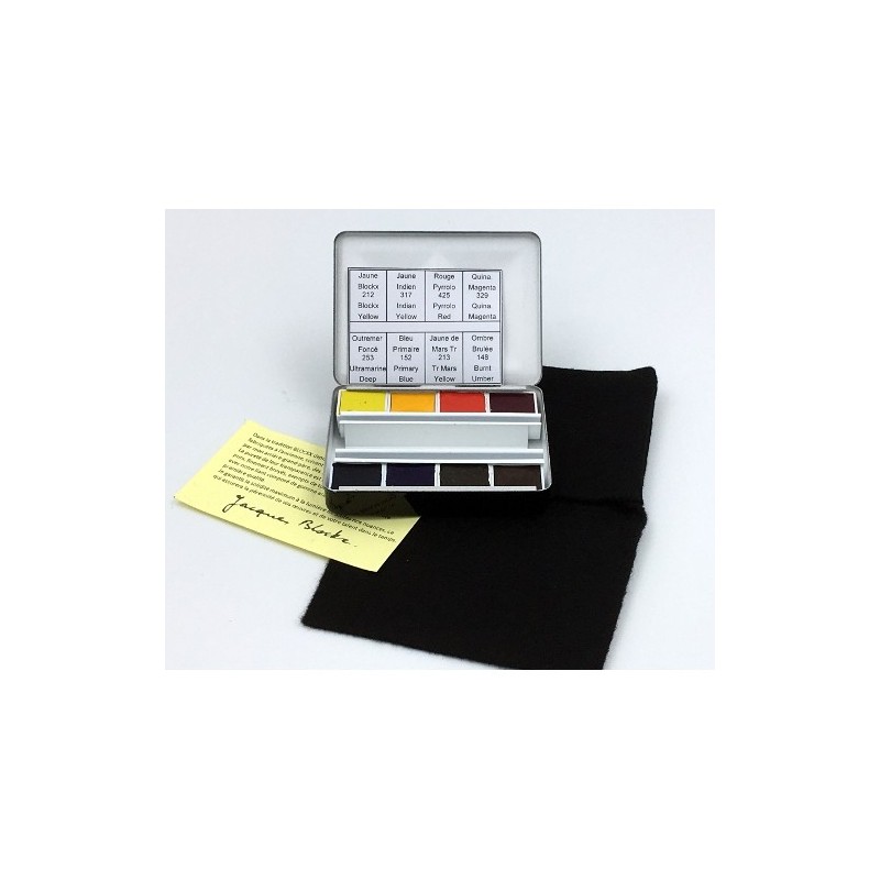 Boîte aquarelle bijou - 8 demi-godets - couleurs vives et lumineuses : Jaune Blockx, Jaune indien, Rouge pyrrole, Magenta quinac