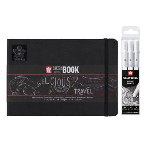  3 stylos/feutres gel blancs de tailles 0,3 mm, 0,4 mm et 0,5 mm + carnet à croquis Sakura noir ( 80 feuilles 140g) - Sakura 