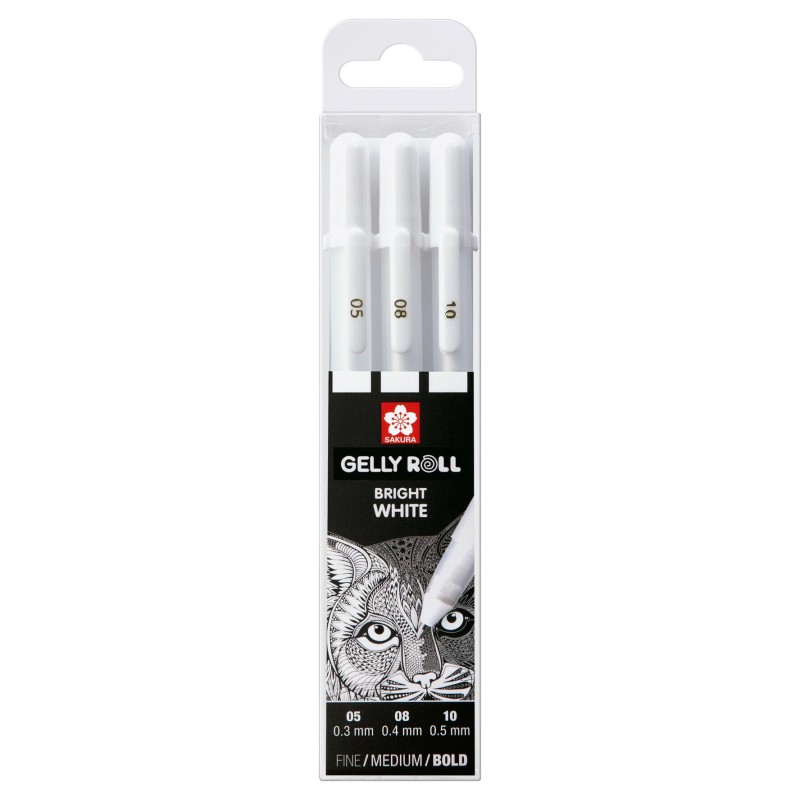 Set 3 stylos blancs Gelly - 0,3 mm, 0,4 mm et 0,5 mm (F, M, L) - Haute couvrance sur papiers noirs, foncés et de couleurs - Saku