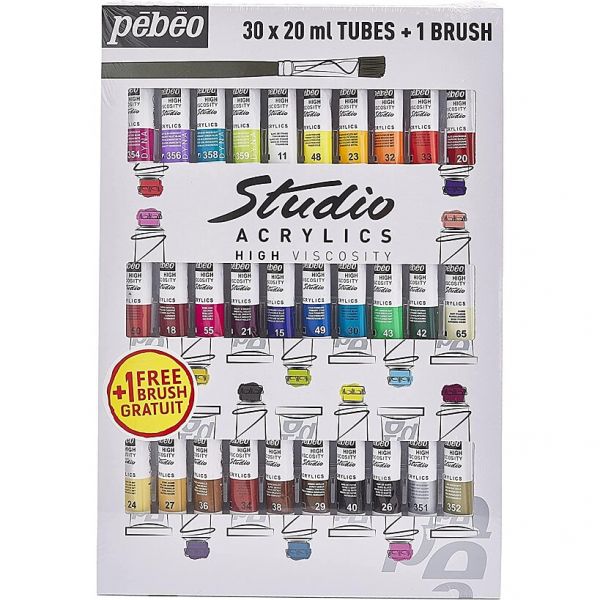 Set 30 tubes peinture acrylique Studio Acrylics - couleurs vives et intenses - résistance à l'eau, à la lumière et au temps - Pé