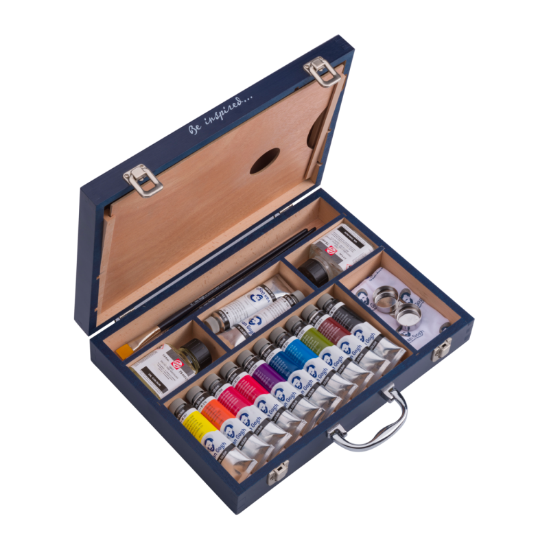 Coffret huile Starter box XL - set complet de 12 couleurs à l'huile + accessoires - coffret élégant en bois durable - Van Gogh -