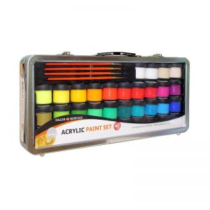 Mallette de peinture acrylique avec pinceaux - 34 couleurs acrylique en pot + accessoires + boite métal de transport - Simply
