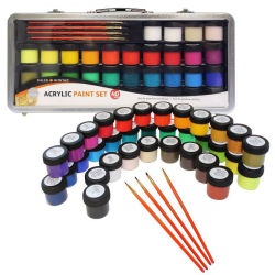 Mallette de peinture acrylique avec pinceaux - vaste palette de 34 couleurs, 4 pinceaux de tailles différentes, 1 guide de mélan