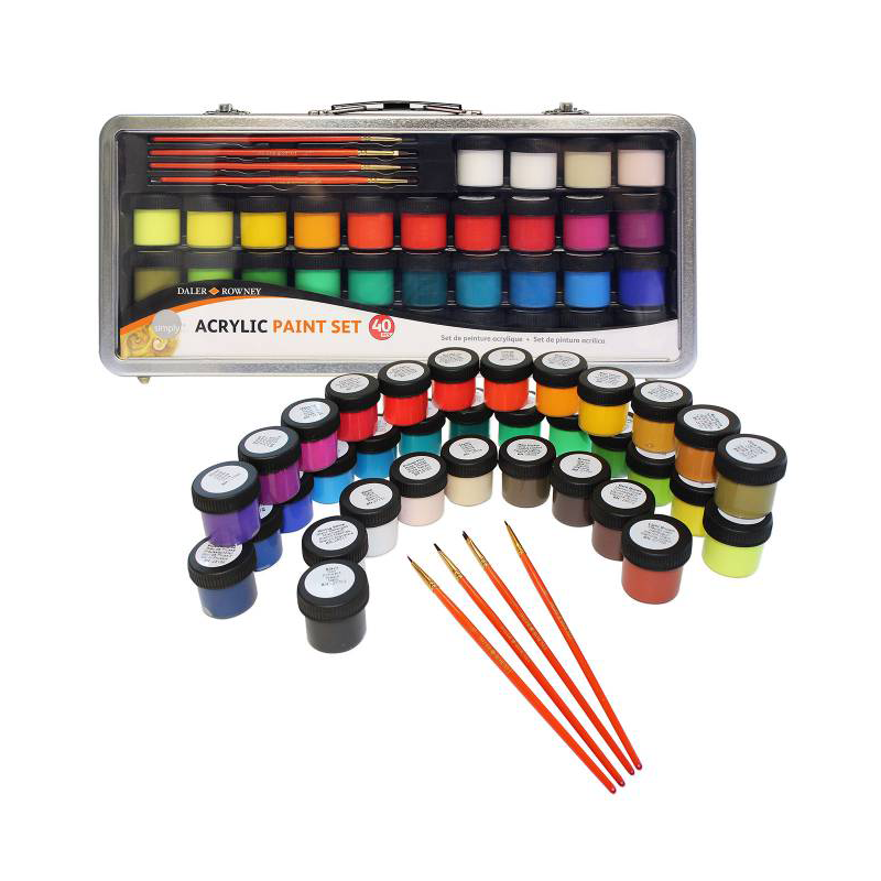 Mallette de peinture acrylique avec pinceaux - vaste palette de 34 couleurs, 4 pinceaux de tailles différentes, 1 guide de mélan