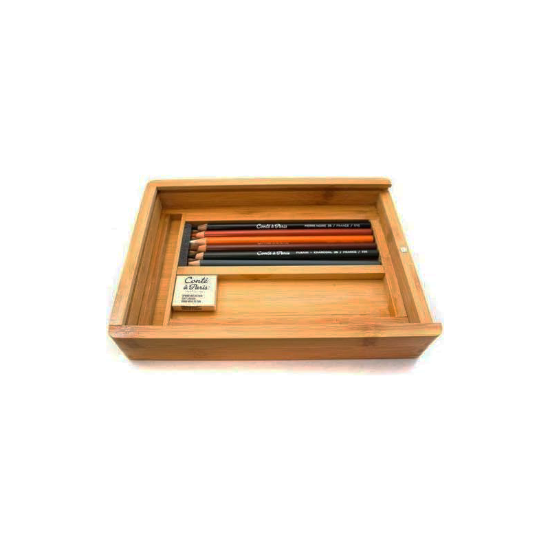 Coffret esquisse Conté à paris - 6 crayons esquisse : blanc, sanguine, sépia, pierre noire (2B), graphite (HB), fusain (2B)