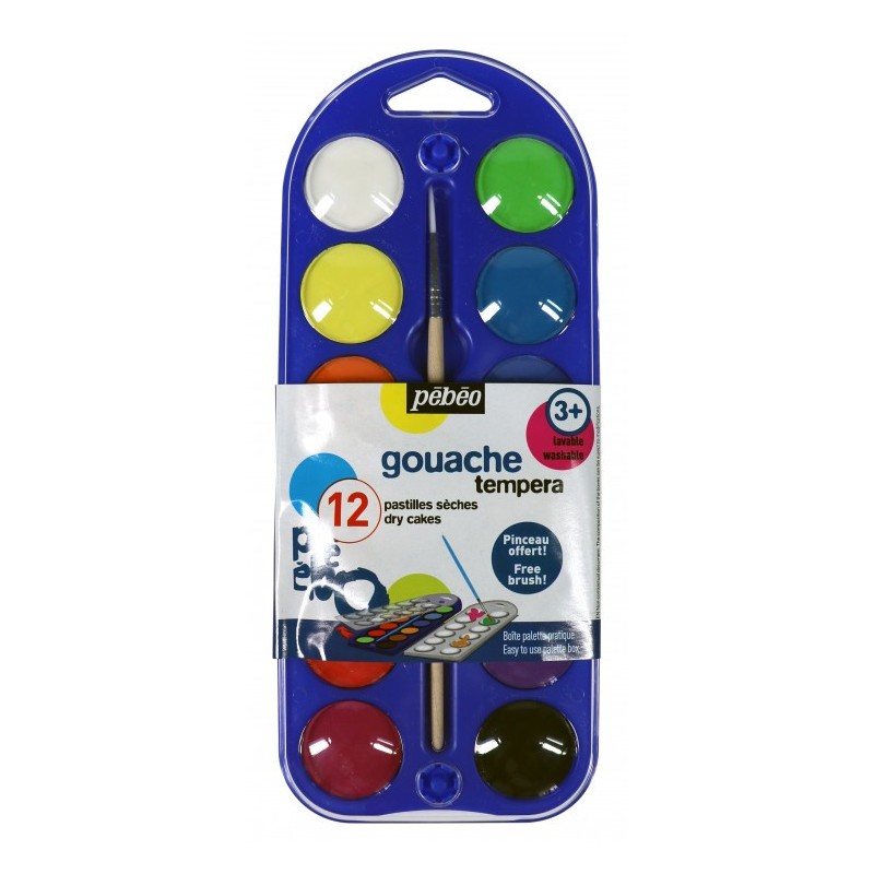 Set de gouache - 12 pastilles - couleurs primaires + pinceau inclus - Pébéo